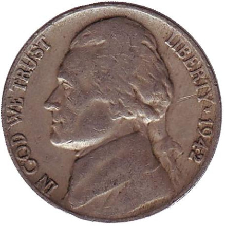 Монета 5 центов. 1942 год, США. (Без отметки монетного двора) Джефферсон. Монтичелло.