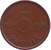 Монета 5 пенни. 1975 год, Финляндия.