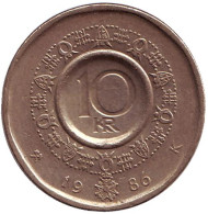 Монета 10 крон. 1986 год, Норвегия. Король Улаф V. Монета 10 крон. 1986 год, Норвегия. Король Улаф V.