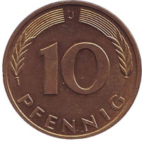 Дубовые листья. Монета 10 пфеннигов. 1993 год (J), ФРГ.