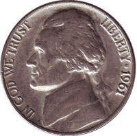 Джефферсон. Монтичелло. Монета 5 центов. 1961 год, США.