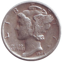 Меркурий. Монета 10 центов. 1945 год, США. Без обозначения монетного двора.