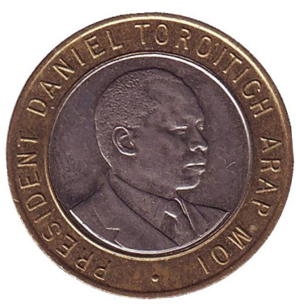 Монета 10 шиллингов. 1994 год, Кения. Джомо Кениата - первый президент Кении.