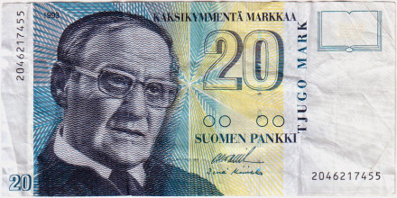 Банкнота 20 марок. 1993 год, Финляндия. Вяйнё Линна.