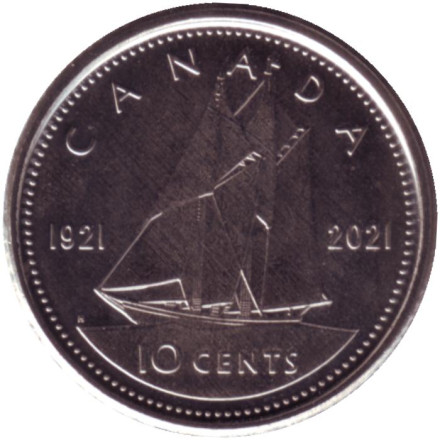 Монета 10 центов 2021 год, Канада. (Тип 1). 100 лет шхуне "Bluenose".