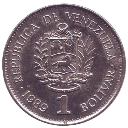 Монета 1 боливар. 1989 год, Венесуэла. (Крупный шрифт)