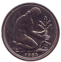 Женщина, сажающая дуб. Монета 50 пфеннигов. 1983 год (D), ФРГ.