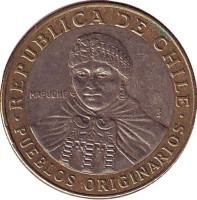 Индеец Мапуче. Монета 100 песо. 2012 год, Чили.