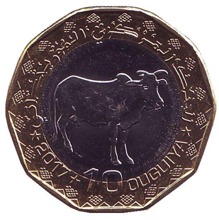 Монета 10 угий. 2017 год, Мавритания. Корова.