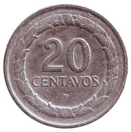 Монета 20 сентаво. 1945 год, Колумбия. Монета 20 сентаво. 1945 год, Колумбия.