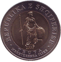 Теута - королева Иллирии. Монета 100 леков. 2000 год, Албания. UNC.