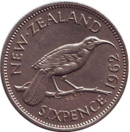 Монета 6 пенсов. 1962 год, Новая Зеландия. Гуйя. Монета 6 пенсов. 1962 год, Новая Зеландия. Гуйя.