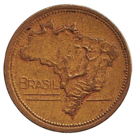 Монета 1 крузейро. 1944 год, Бразилия. Карта Бразилии.