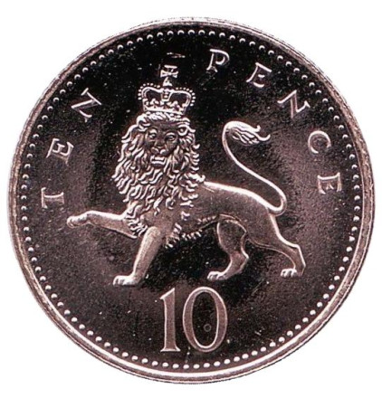 Монета 10 пенсов. 1996 год, Великобритания. BU. Лев.