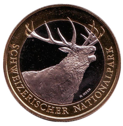 Монета 10 франков, 2009 год, Швейцария. Олень. Швейцарский национальный парк.