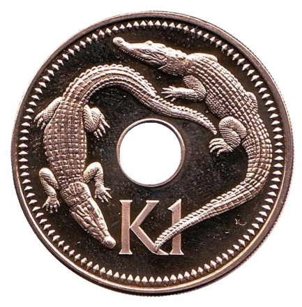 Монета 1 кина. 1976 год, Папуа-Новая Гвинея. Proof. Крокодилы.
