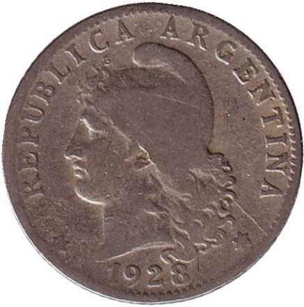 Монета 20 сентаво. 1928 год, Аргентина.