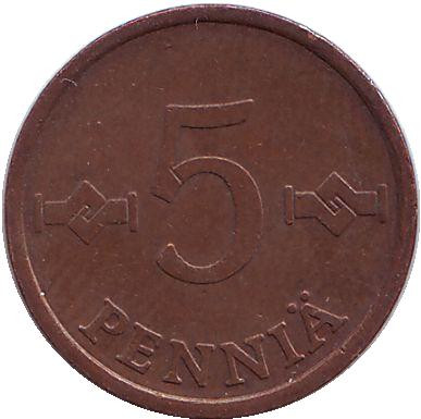 Монета 5 пенни. 1976 год, Финляндия.