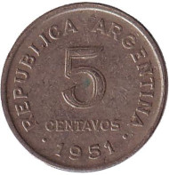 Монета 5 сентаво. 1951 год, Аргентина. Монета 5 сентаво. 1951 год, Аргентина.