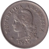 Монета 10 сентаво. 1939 год, Аргентина. Монета 10 сентаво. 1939 год, Аргентина.