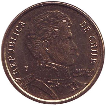 Монета 10 песо. 2015 год, Чили. UNC. (Отметка: "Посох Меркурия") Бернардо О’Хиггинс.