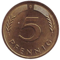 Дубовые листья. Монета 5 пфеннигов. 1982 год (G), ФРГ.