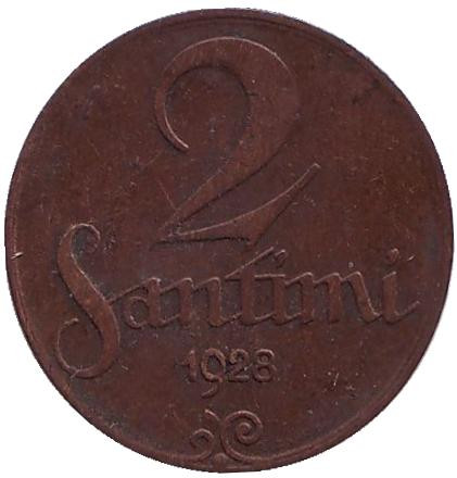 Монета 2 сантима. 1928 год, Латвия.