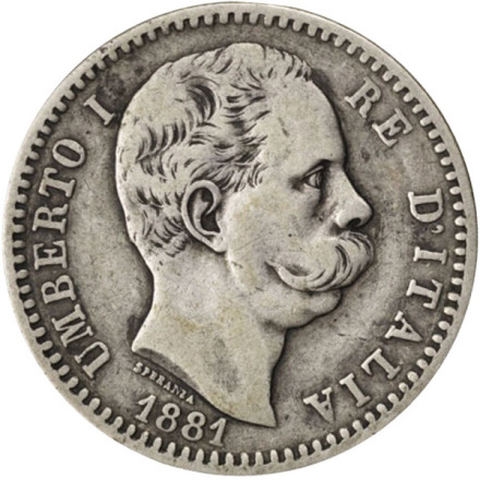 Монета 2 лиры. 1881 год, Италия. Умберто I.