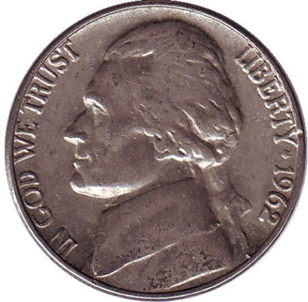 Монета 5 центов. 1962 год, США. Джефферсон. Монтичелло.