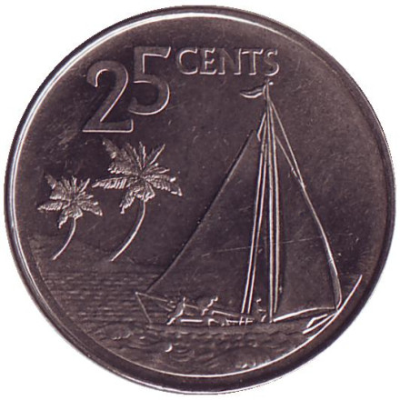 Монета 25 центов. 2007 год, Багамские острова. Парусник.