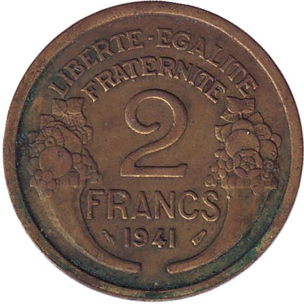 Монета 2 франка. 1941 год, Франция. (Алюминиевая бронза)