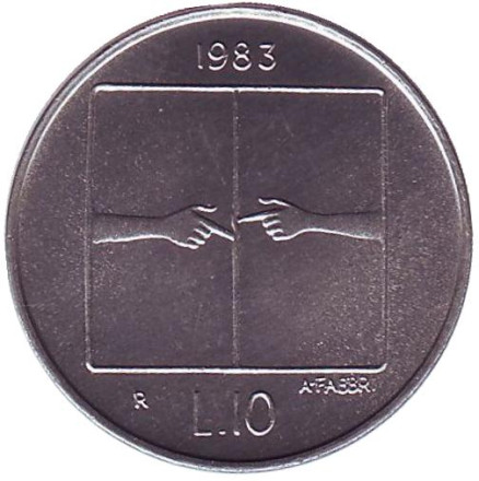 Монета 10 лир. 1983 год, Сан-Марино. Угроза ядерной войны.