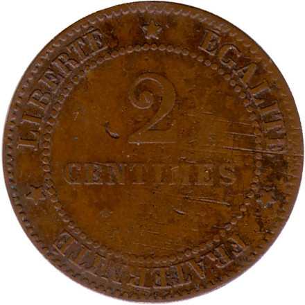 Монета 2 сантима. 1878 год, Франция. 