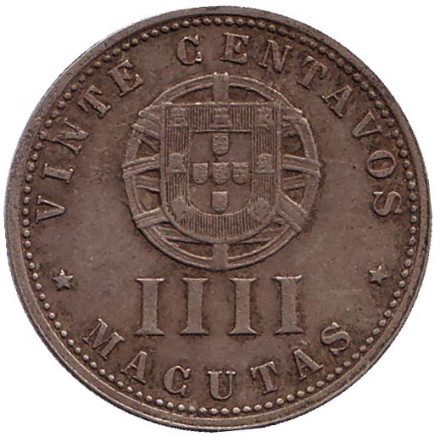 Монета 20 сентаво. (4 макуты). 1927 год, Ангола в составе Португалии.