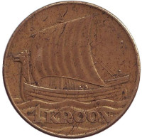 Корабль викингов. Монета 1 крона. 1934 год, Эстония.