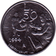 Монета 50 лир. 1994 год, Сан-Марино. Каменщик. Монета 50 лир. 1994 год, Сан-Марино. Каменщик.