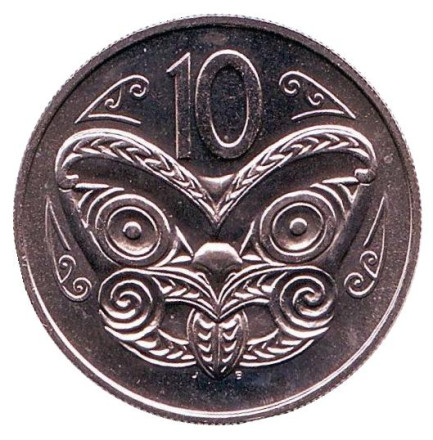 Монета 10 центов. 1985 год, Новая Зеландия. UNC. Маска маори.