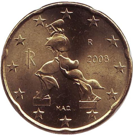Монета 20 центов. 2008 год, Италия.