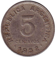 Монета 5 сентаво. 1952 год, Аргентина. Монета 5 сентаво. 1952 год, Аргентина.