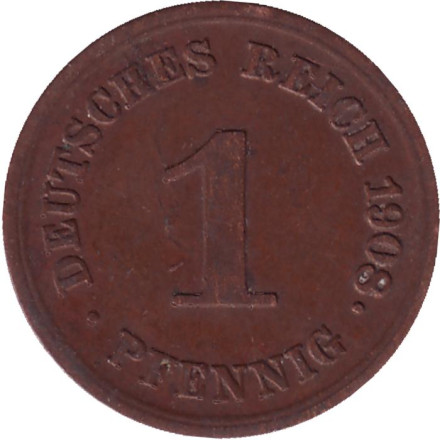 Монета 1 пфенниг. 1908 год (Е), Германская империя.