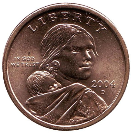 Сакагавея (Парящий орел), серия "Коренные американцы". 1 доллар, 2004 год (D), США.