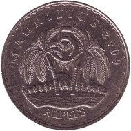Монета 5 рупий. 2009 год, Маврикий. Пальмы. Сивусагур Рамгулам. Монета 5 рупий. 2009 год, Маврикий. Пальмы. Сивусагур Рамгулам.
