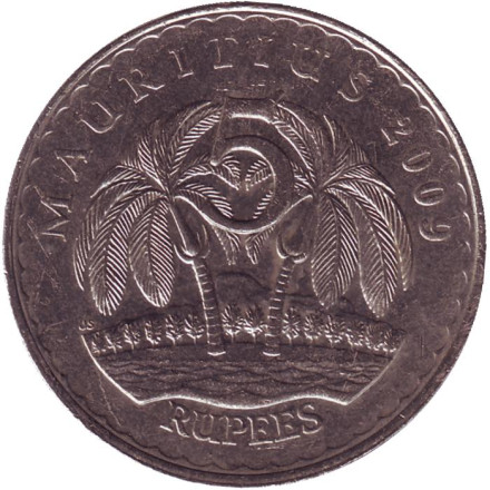 Монета 5 рупий. 2009 год, Маврикий. Пальмы. Сивусагур Рамгулам.