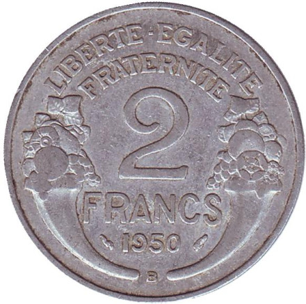 Монета 2 франка. 1950 (B) год, Франция.