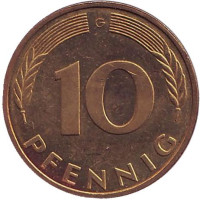 Дубовые листья. Монета 10 пфеннигов. 1994 год (G), ФРГ.