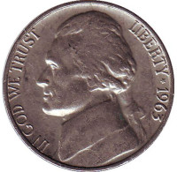 Джефферсон. Монтичелло. Монета 5 центов. 1963 год, США.