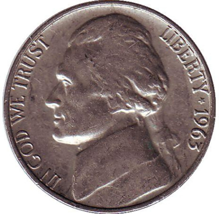 Монета 5 центов. 1963 год, США. Джефферсон. Монтичелло.