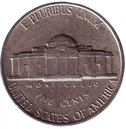 Монета 5 центов. 1963 год, США. Джефферсон. Монтичелло. Монета 5 центов. 1963 год, США. Джефферсон. Монтичелло.