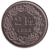 Гельвеция. Монета 2 франка. 1988 (B) год, Швейцария.