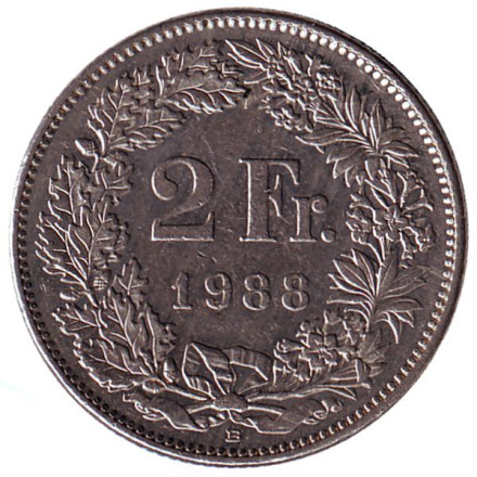 Монета 2 франка. 1988 (B) год, Швейцария. Гельвеция.